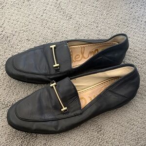 Black Leather Loafers with Gold Accent